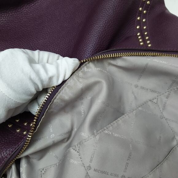 Michael Kors Aria Purple Pebbled Leather Studded Zipper Closure Shoulder Bag - Picture 14 of 16
